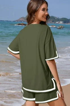 Online Dear-Lover Contrast Trim Tee and Shorts Set Vineyard Green