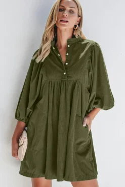 Clearance Dear-Lover Corduroy Snap Buttons Empire Waist Bracelet Sleeve Dress Vineyard Green