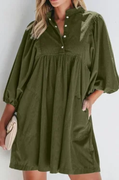 Clearance Dear-Lover Corduroy Snap Buttons Empire Waist Bracelet Sleeve Dress Vineyard Green