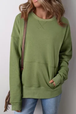 Sale Dear-Lover Drop Shoulder Crisscross Stitching Pocketed Loose Sweatshirt Vineyard Green