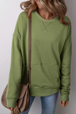 Sale Dear-Lover Drop Shoulder Crisscross Stitching Pocketed Loose Sweatshirt Vineyard Green