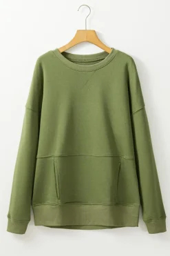 Sale Dear-Lover Drop Shoulder Crisscross Stitching Pocketed Loose Sweatshirt Vineyard Green