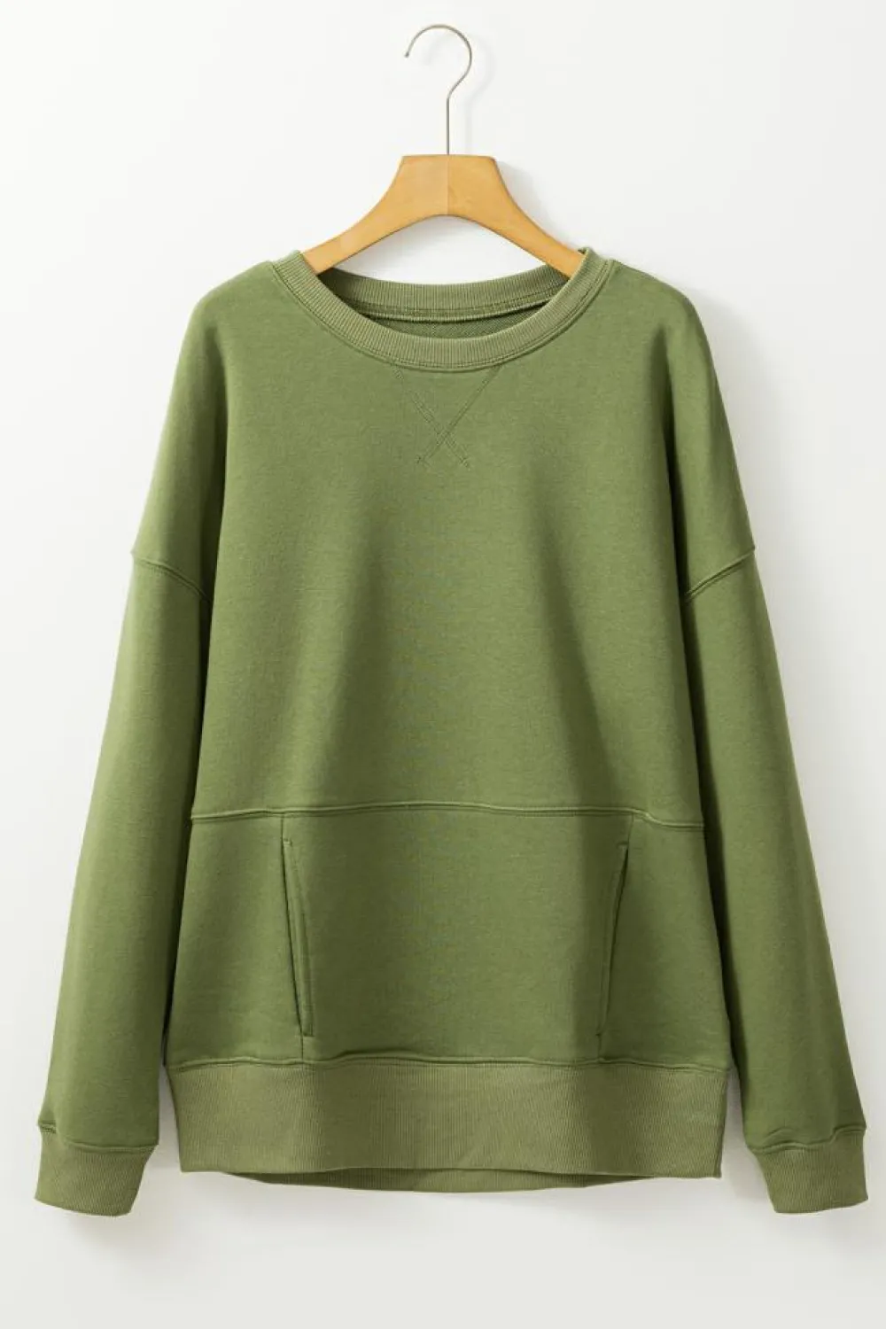 Sale Dear-Lover Drop Shoulder Crisscross Stitching Pocketed Loose Sweatshirt Vineyard Green