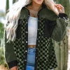 Discount Dear-Lover Fleece Checkerboard Flap Pocket Snap Button Jacket Vineyard Green