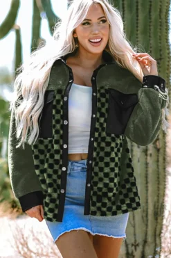 Discount Dear-Lover Fleece Checkerboard Flap Pocket Snap Button Jacket Vineyard Green
