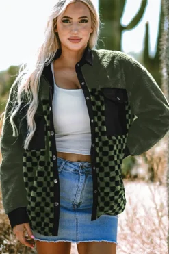 Discount Dear-Lover Fleece Checkerboard Flap Pocket Snap Button Jacket Vineyard Green
