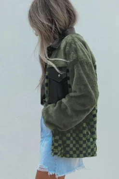 Discount Dear-Lover Fleece Checkerboard Flap Pocket Snap Button Jacket Vineyard Green