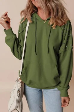 Best Dear-Lover Solid Color Rivet Stud Raglan Sleeve Hoodie with Pocket Vineyard Green