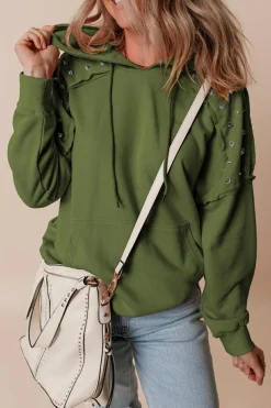 Best Dear-Lover Solid Color Rivet Stud Raglan Sleeve Hoodie with Pocket Vineyard Green