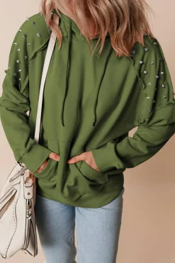 Best Dear-Lover Solid Color Rivet Stud Raglan Sleeve Hoodie with Pocket Vineyard Green