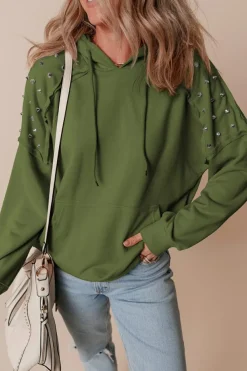 Best Dear-Lover Solid Color Rivet Stud Raglan Sleeve Hoodie with Pocket Vineyard Green
