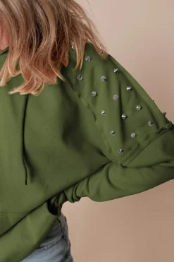 Best Dear-Lover Solid Color Rivet Stud Raglan Sleeve Hoodie with Pocket Vineyard Green