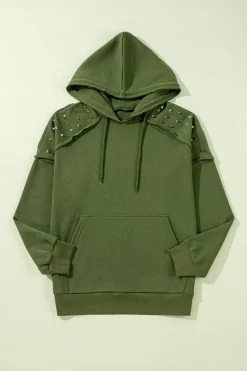Best Dear-Lover Solid Color Rivet Stud Raglan Sleeve Hoodie with Pocket Vineyard Green