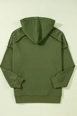 Best Dear-Lover Solid Color Rivet Stud Raglan Sleeve Hoodie with Pocket Vineyard Green