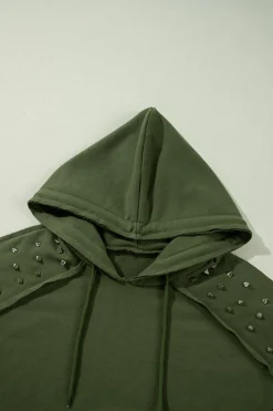 Best Dear-Lover Solid Color Rivet Stud Raglan Sleeve Hoodie with Pocket Vineyard Green