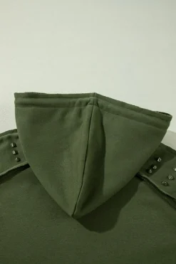 Best Dear-Lover Solid Color Rivet Stud Raglan Sleeve Hoodie with Pocket Vineyard Green