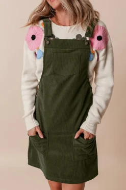 Fashion Dear-Lover Solid Front Pockets Sleeveless Corduroy Overall Dress Vineyard Green
