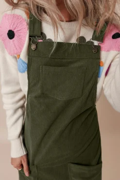 Fashion Dear-Lover Solid Front Pockets Sleeveless Corduroy Overall Dress Vineyard Green