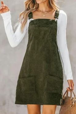 Fashion Dear-Lover Solid Front Pockets Sleeveless Corduroy Overall Dress Vineyard Green
