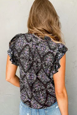 Outlet Dear-Lover Vintage Floral Ruffle Sleeve V Neck Blouse Black