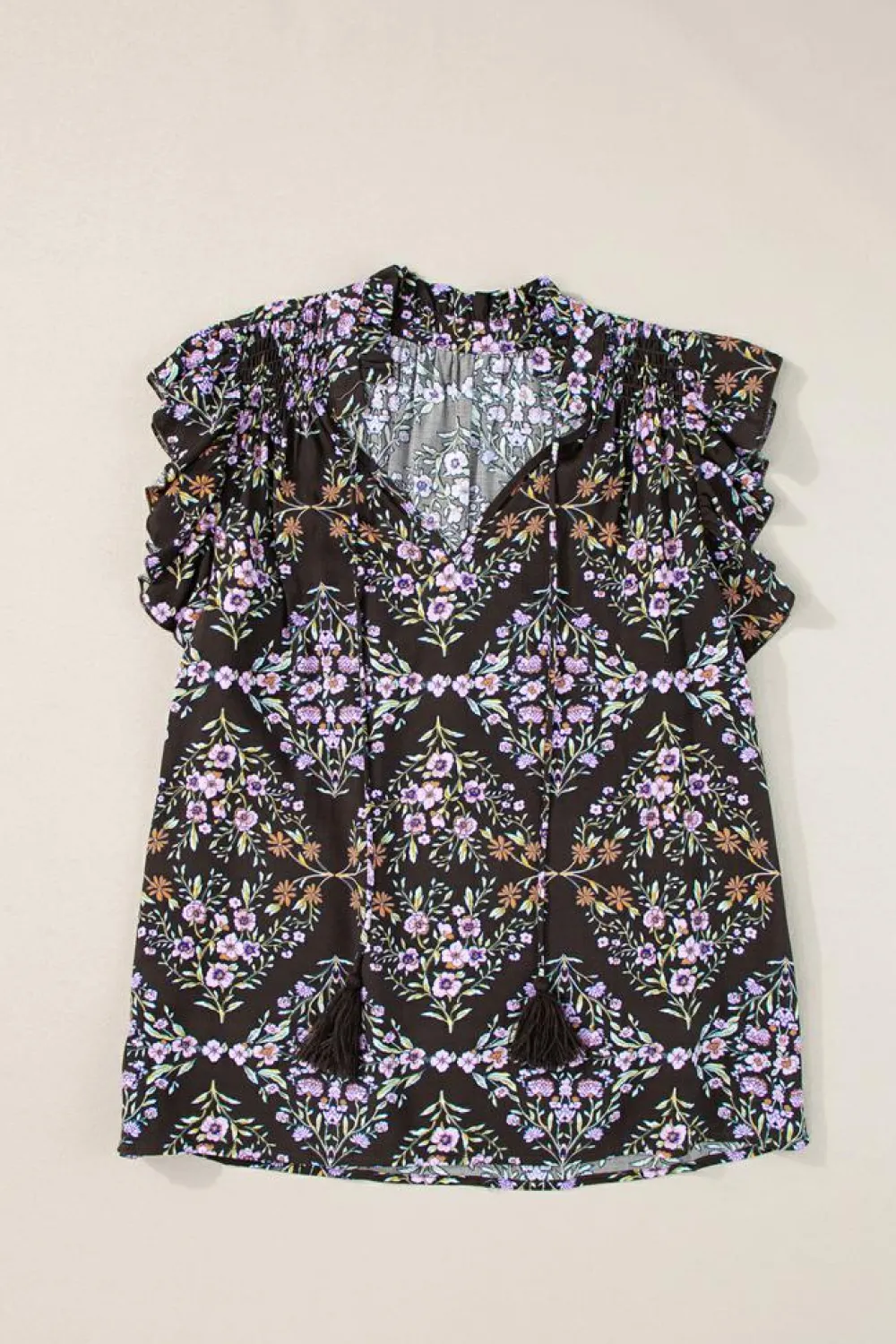 Outlet Dear-Lover Vintage Floral Ruffle Sleeve V Neck Blouse Black