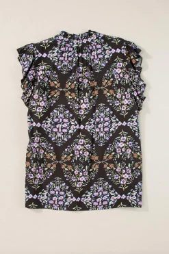 Outlet Dear-Lover Vintage Floral Ruffle Sleeve V Neck Blouse Black