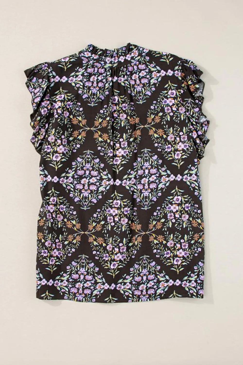 Outlet Dear-Lover Vintage Floral Ruffle Sleeve V Neck Blouse Black