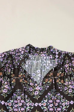 Outlet Dear-Lover Vintage Floral Ruffle Sleeve V Neck Blouse Black
