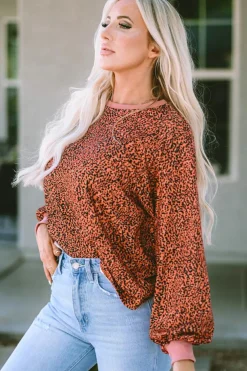 Outlet Dear-Lover Vintage Leopard Bubble Sleeve Pullover Sweatshirt Fiery Red