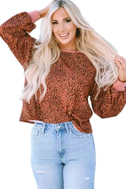 Outlet Dear-Lover Vintage Leopard Bubble Sleeve Pullover Sweatshirt Fiery Red