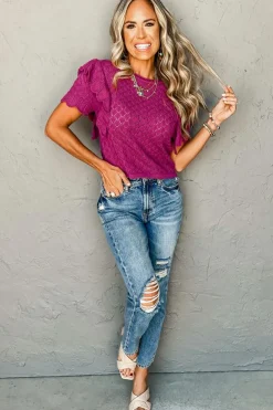Online Dear-Lover Ruffled Short Sleeve Textured Knit Sweater Violet