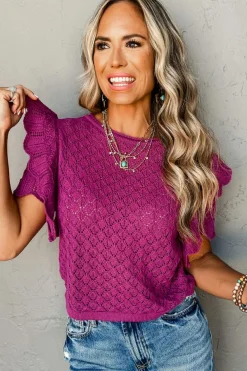 Online Dear-Lover Ruffled Short Sleeve Textured Knit Sweater Violet