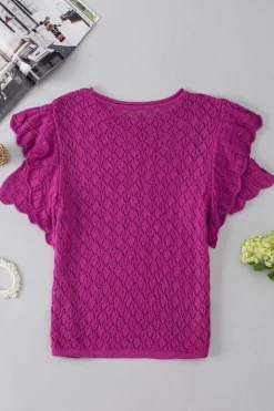 Online Dear-Lover Ruffled Short Sleeve Textured Knit Sweater Violet