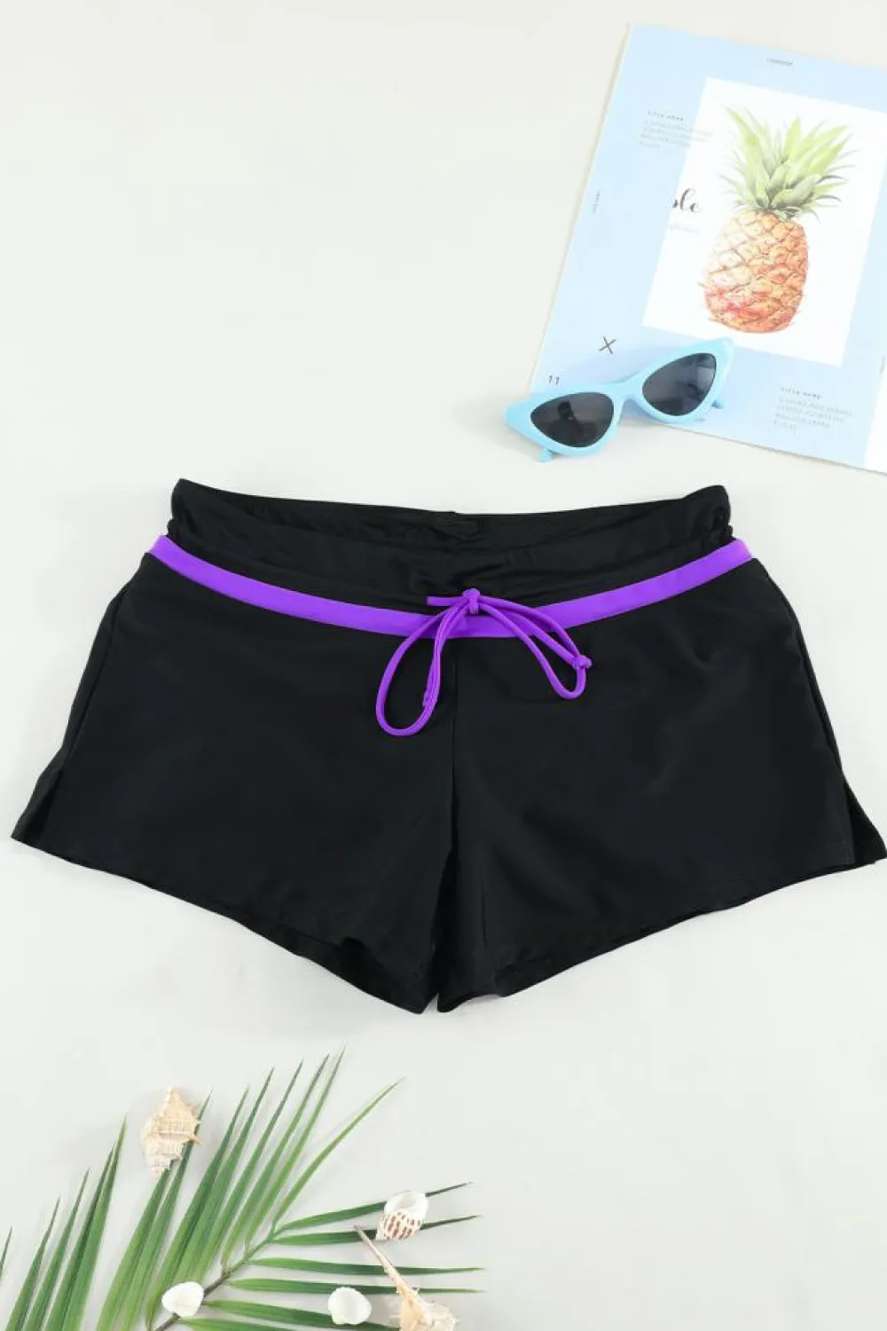Outlet Dear-Lover Violet Strap Trim Black Women Swim Boardshort Black Purple
