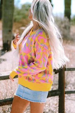 Best Dear-Lover Abstract Print Ribbed Trim Baggy Sweater Vitality Orange
