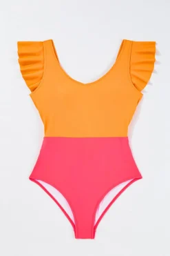 Online Dear-Lover Color Block Ruffled Knotted Backless One Piece Swimsuit Vitality Orange