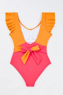 Online Dear-Lover Color Block Ruffled Knotted Backless One Piece Swimsuit Vitality Orange