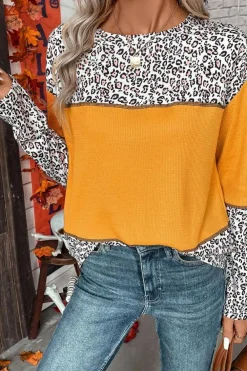 Outlet Dear-Lover Leopard Print Waffle Knit Patchwork Top Vitality Orange