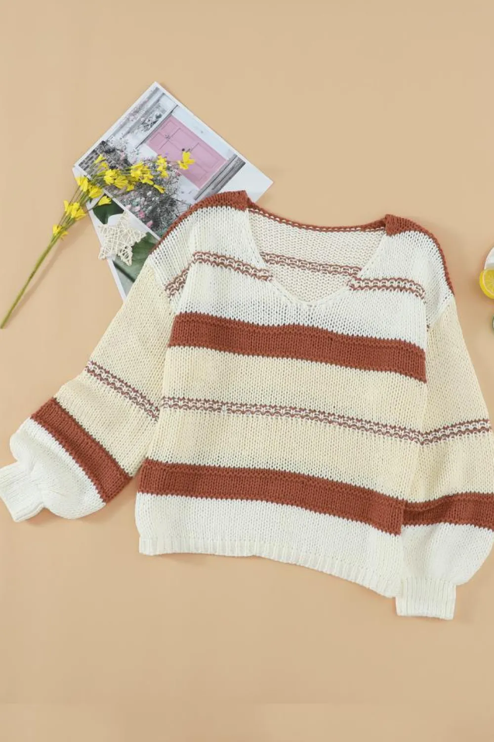Clearance Dear-Lover V-neck Knitted Lantern Sleeve Pullover Sweater Fiery Red