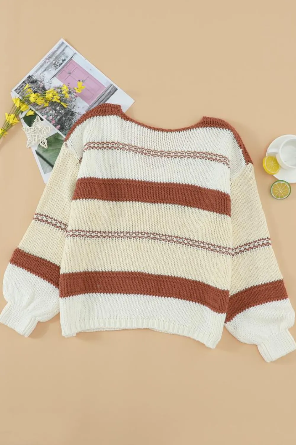 Clearance Dear-Lover V-neck Knitted Lantern Sleeve Pullover Sweater Fiery Red