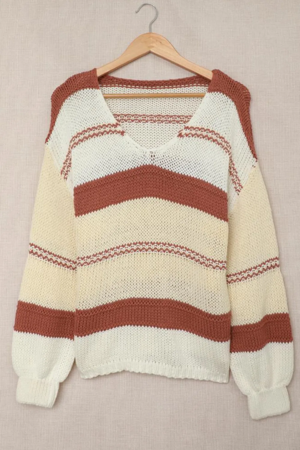 Clearance Dear-Lover V-neck Knitted Lantern Sleeve Pullover Sweater Fiery Red
