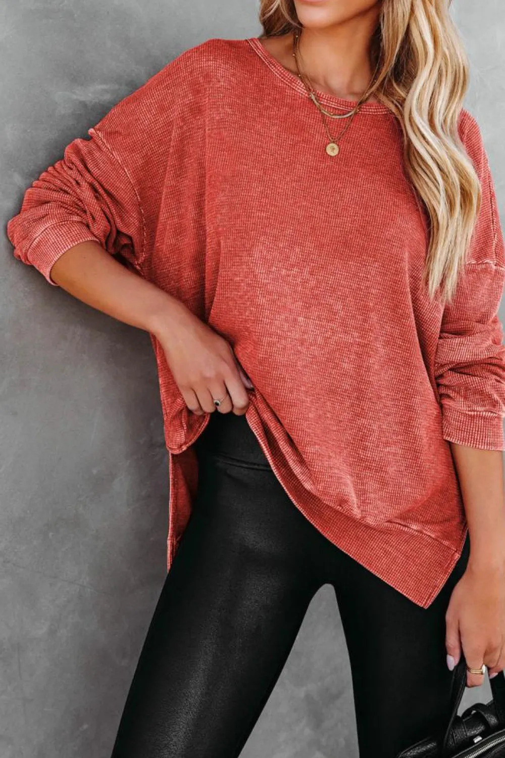 Online Dear-Lover Waffle Knit Side Slit Pullover Top Fiery Red