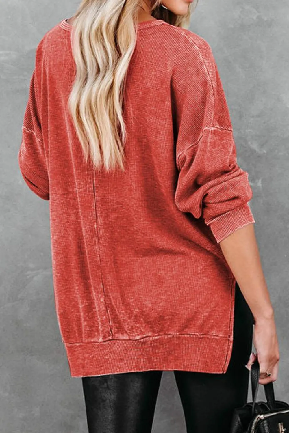 Online Dear-Lover Waffle Knit Side Slit Pullover Top Fiery Red