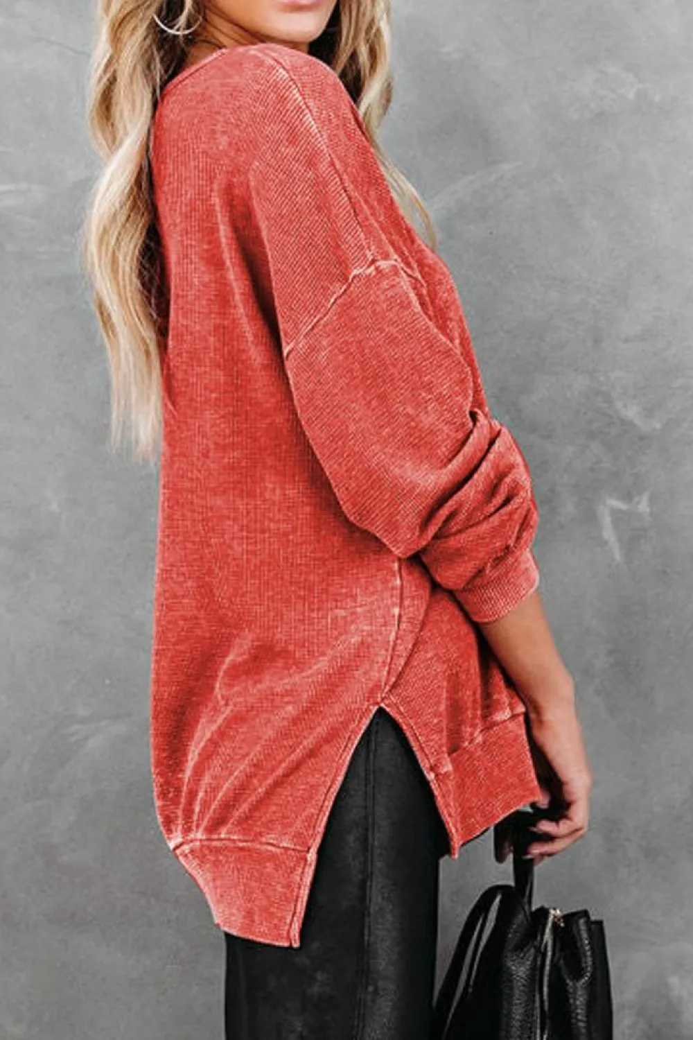 Online Dear-Lover Waffle Knit Side Slit Pullover Top Fiery Red