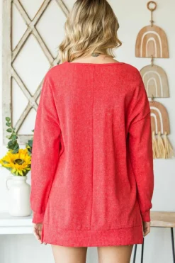 Online Dear-Lover Waffle Knit Side Slit Pullover Top Fiery Red