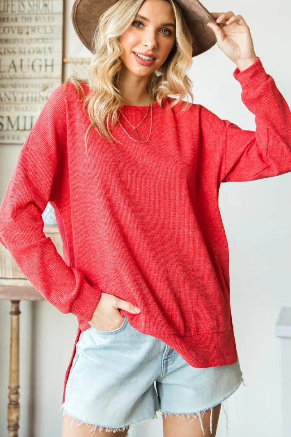 Online Dear-Lover Waffle Knit Side Slit Pullover Top Fiery Red