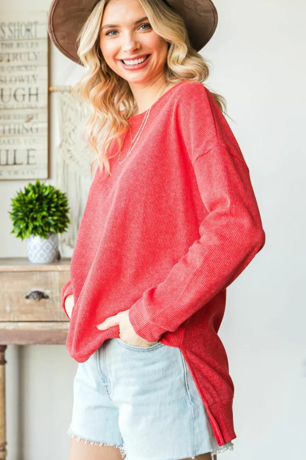 Online Dear-Lover Waffle Knit Side Slit Pullover Top Fiery Red