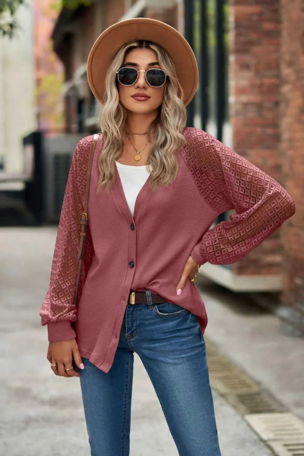 Outlet Dear-Lover Waffled Knit Lace Long Sleeve Buttoned Cardigan Fiery Red