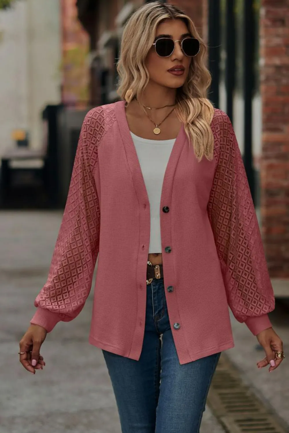 Outlet Dear-Lover Waffled Knit Lace Long Sleeve Buttoned Cardigan Fiery Red