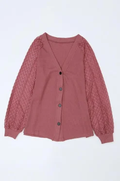 Outlet Dear-Lover Waffled Knit Lace Long Sleeve Buttoned Cardigan Fiery Red